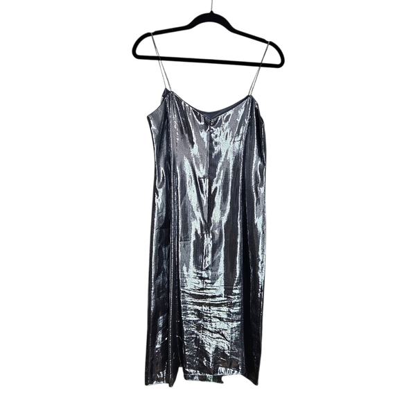 Rickie Freeman for Teri Jon Silver Metallic Slip Dress Silk Blend Size 8 - Picture 4 of 11